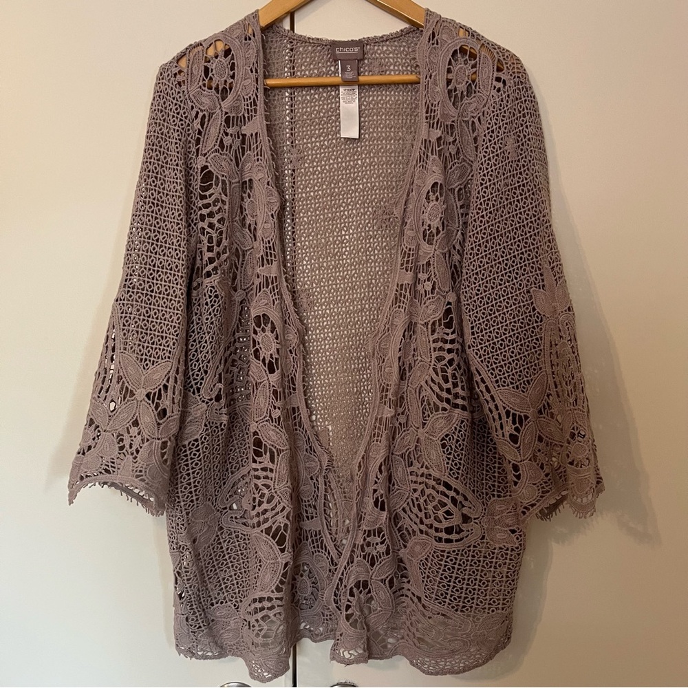Chico’s Taupe Open Crochet Lace Cardigan Sweater (Size 3 / XL–XXL)